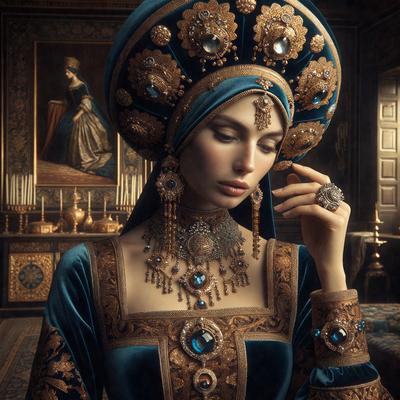 The primary subject of the image is a woman wearing a blue dress and a gold crown. She is standing in front of a painting, which serves as the background of the scene. The visual style of the image is a digital art, creating a vibrant and detailed portrait of the woman. The colors and mood of the image are predominantly blue and gold, giving the scene a regal and elegant atmosphere.